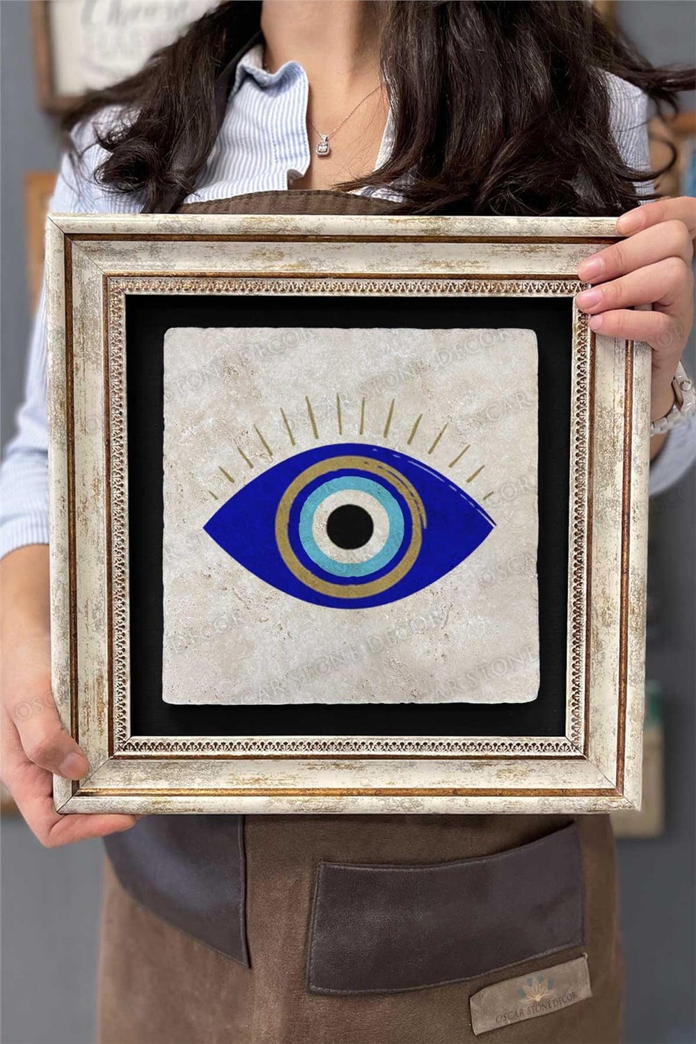 Oscar Stone Decor Çerçeveli Tablo Taş Duvar Dekoru 30 X 30 Cm Nazar Boncuğu Göz Tablosu