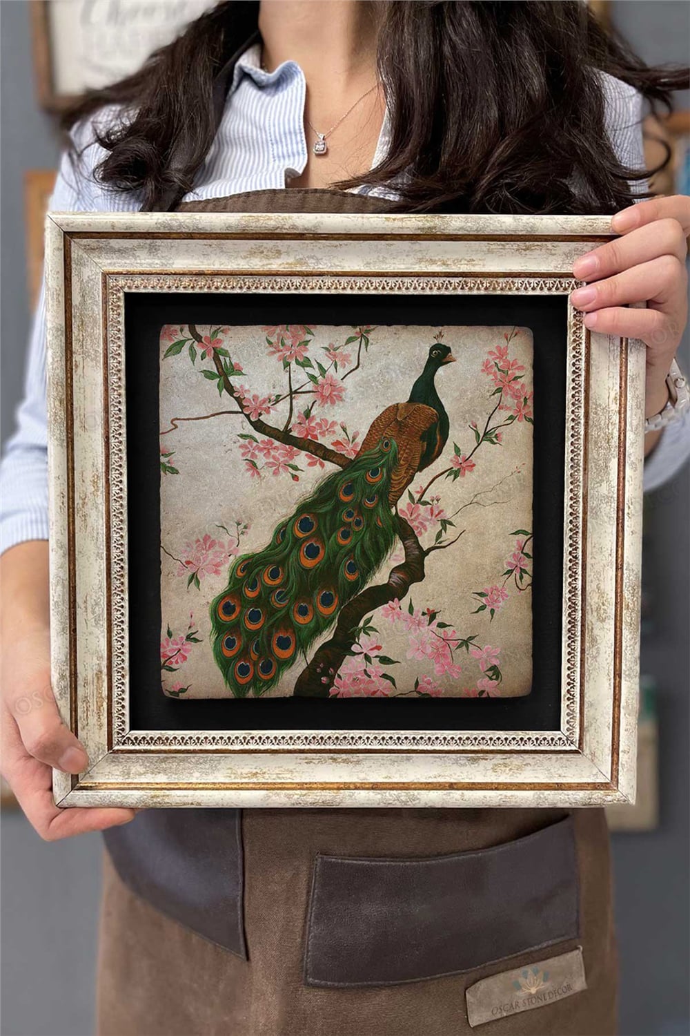 Oscar Stone Decor Çerçeveli Tablo Taş Duvar Dekoru 30 X 30 Cm Tavus Kuşu Pembe Çiçekler