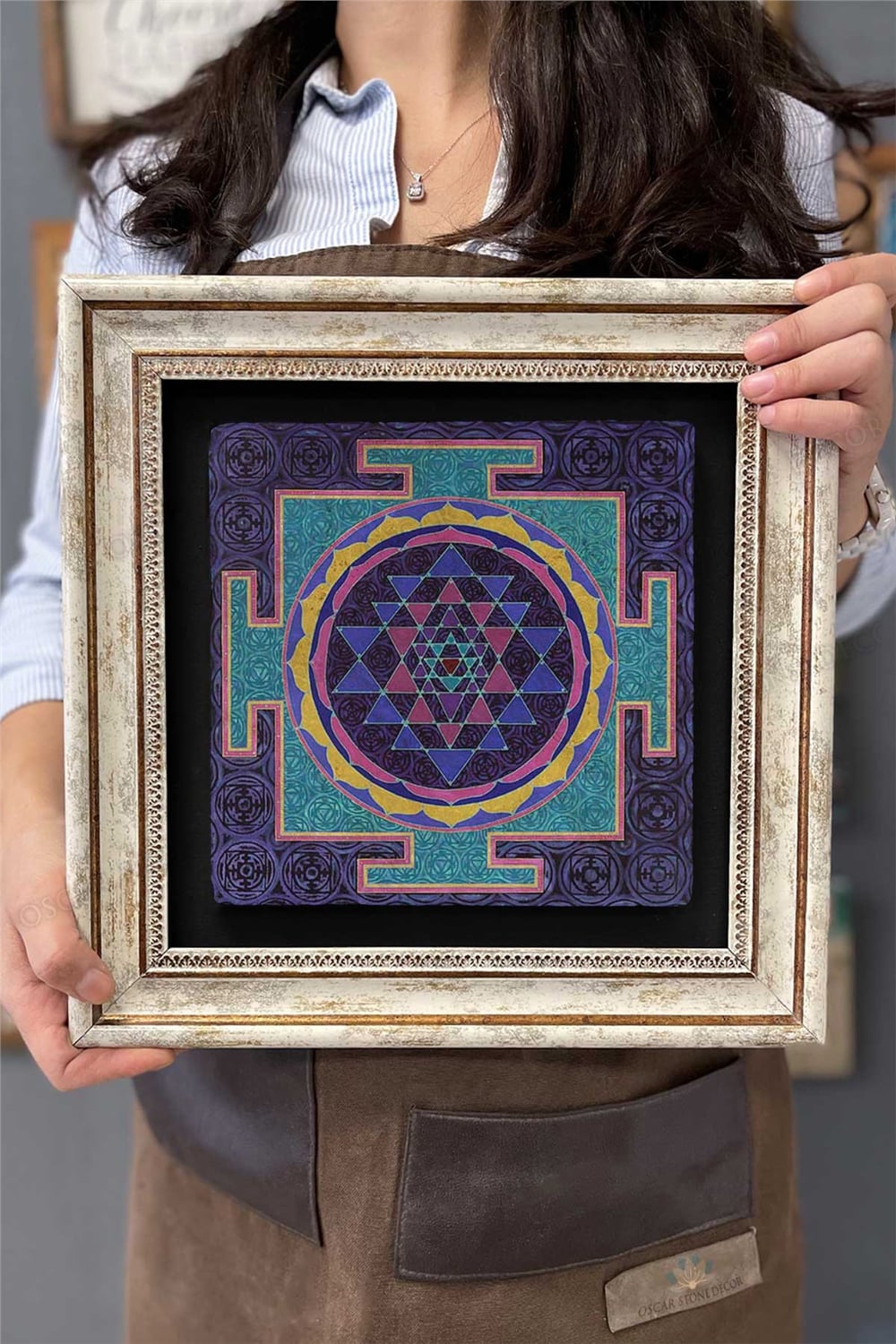 Oscar Stone Decor Çerçeveli Tablo Taş Duvar Dekoru 30 X 30 Cm Sri Yantra Tablosu
