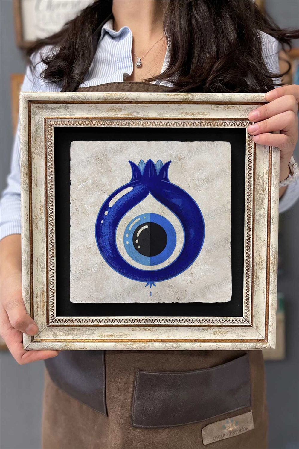 Oscar Stone Decor Çerçeveli Tablo Taş Duvar Dekoru 30 X 30 Cm Nazar Boncuğu Nar Tablosu