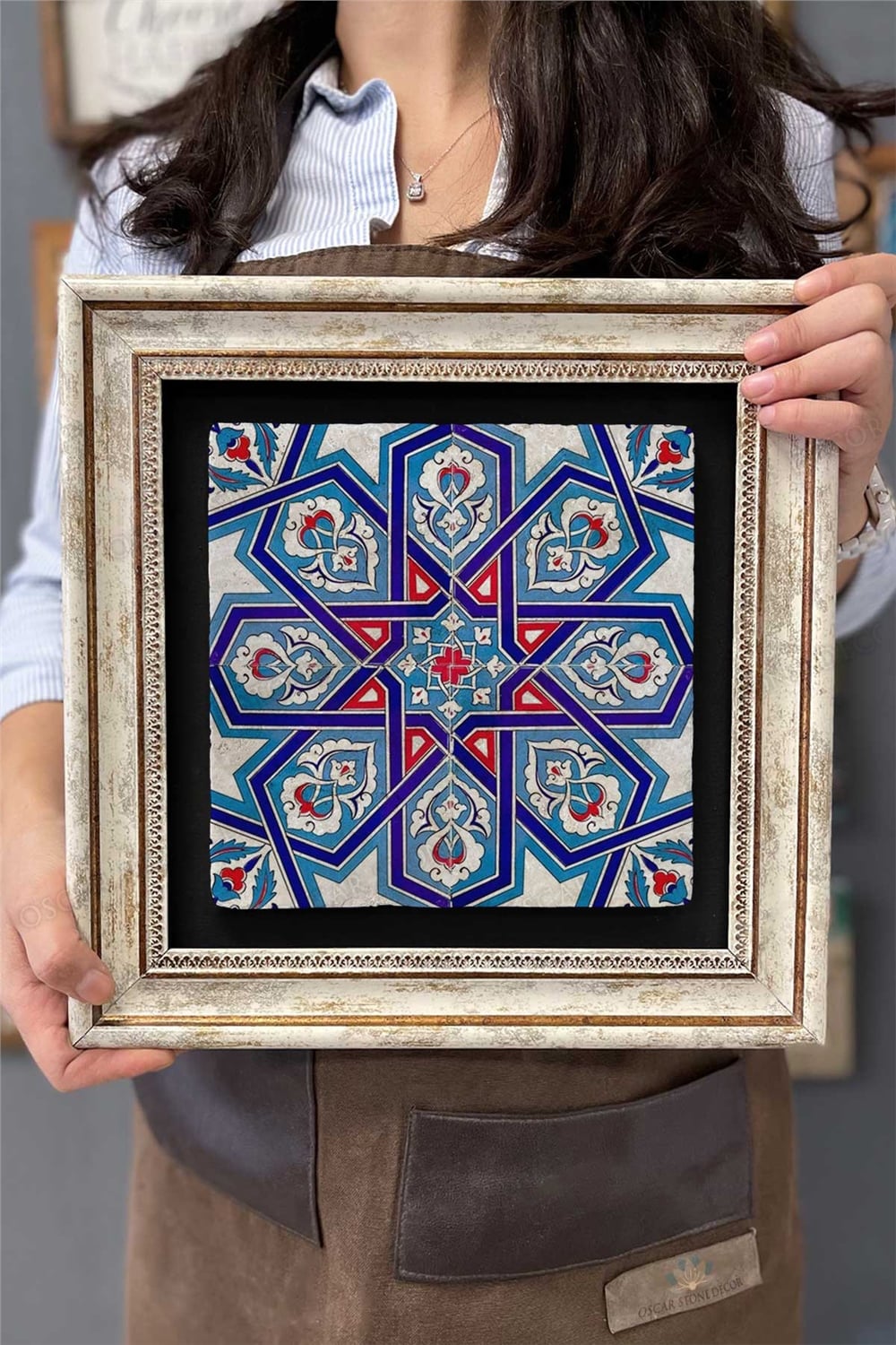 Oscar Stone Decor Çerçeveli Tablo Taş Duvar Dekoru 30 X 30 Cm Seramik Çini Tasarımlı Porselen
