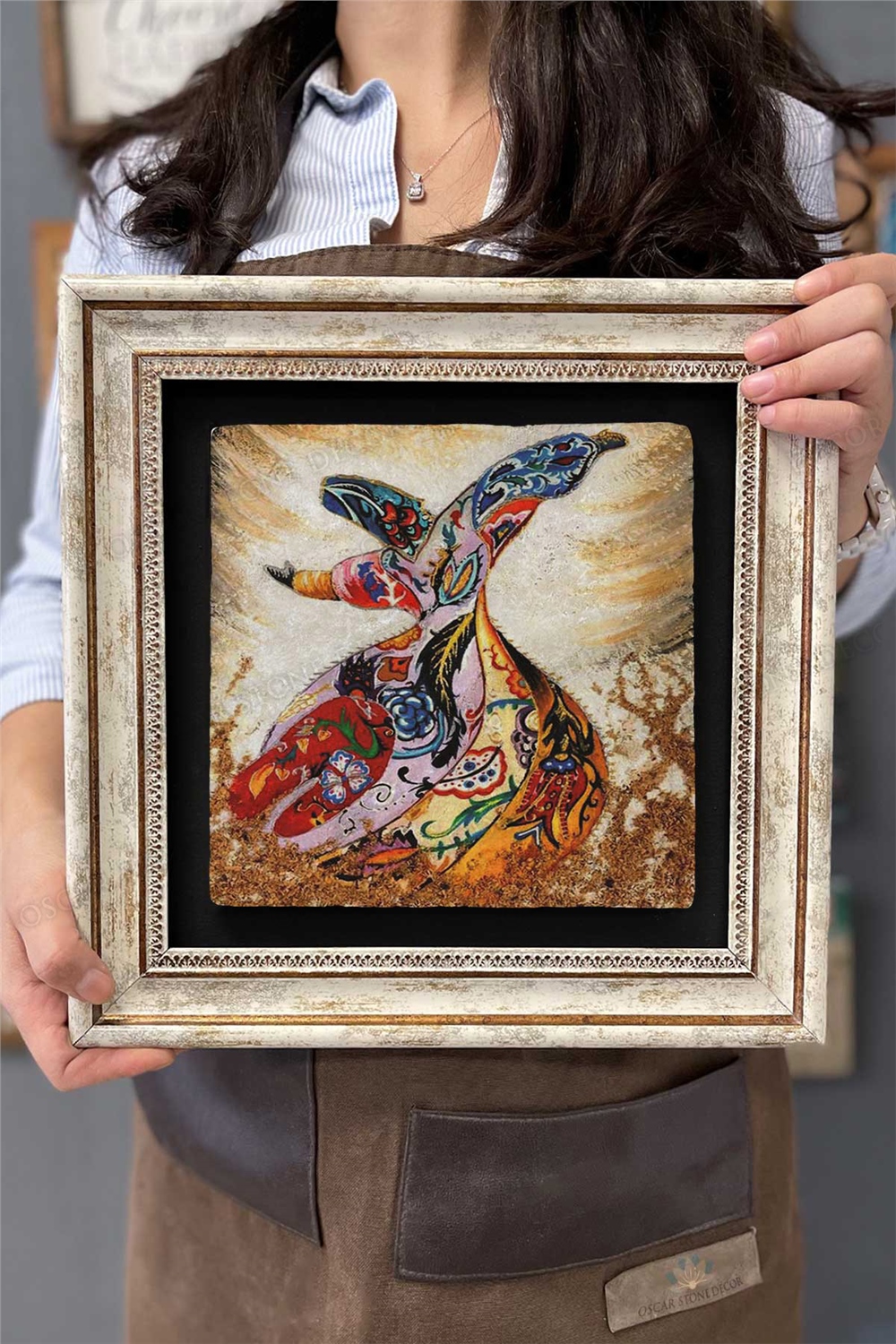 Oscar Stone Decor Çerçeveli Tablo Taş Duvar Dekoru 30 X 30 Cm Renkli Semazen Kolaj