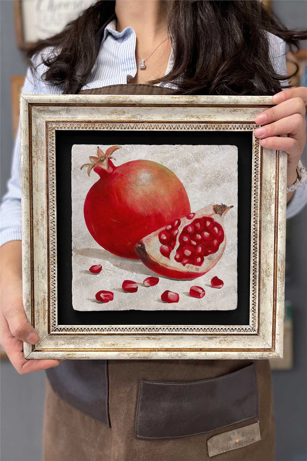 Oscar Stone Decor Çerçeveli Tablo Taş Duvar Dekoru 30 X 30 Cm Nar Çizimli Özel Tablo