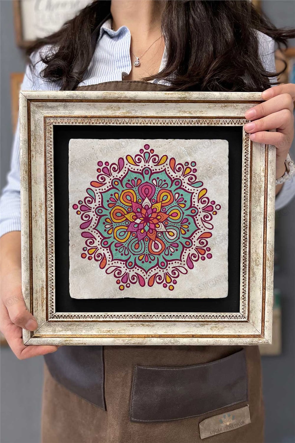Oscar Stone Decor Çerçeveli Tablo Taş Duvar Dekoru 30 X 30 Cm Renkli Mandala Tablosu