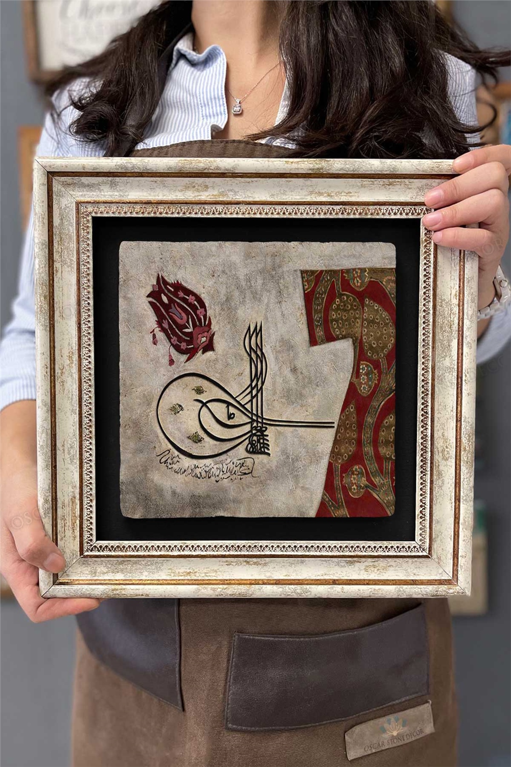 Oscar Stone Decor Çerçeveli Tablo Taş Duvar Dekoru 30 X 30 Cm Osmanlı Kaftan ve Hat Sanatı