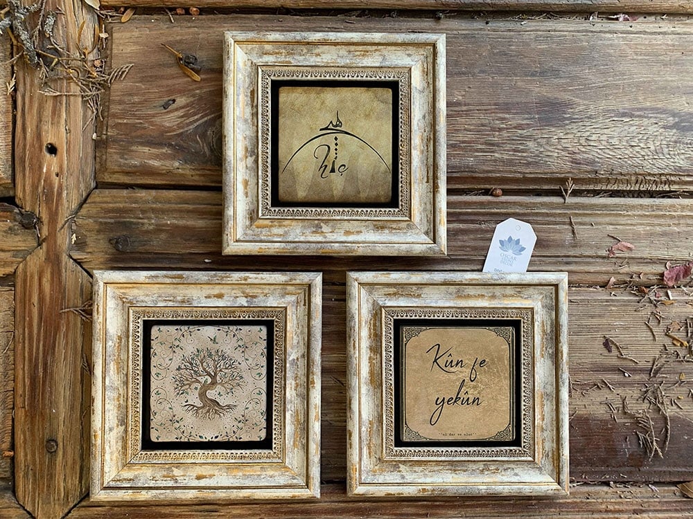 Oscar Stone Decor Çerçeveli Taş Duvar Dekoru Tablo 3'lü Set 20x20cm Hiç Fatma Ana Kun Fe Yekun