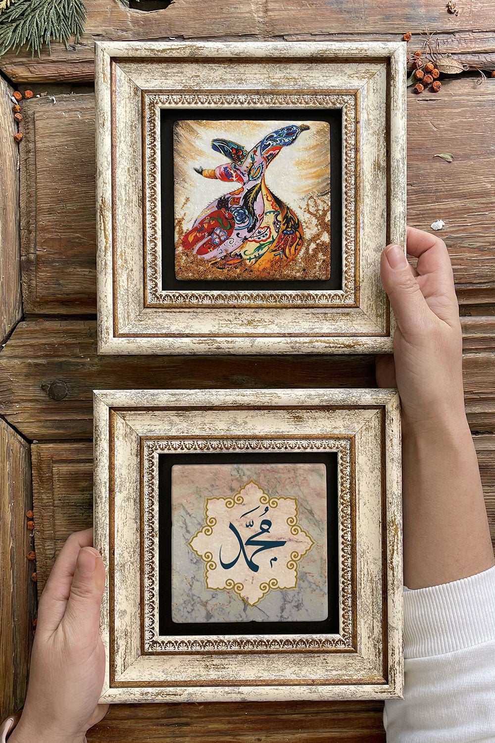 Oscar Stone Decor Çerçeveli Taş Duvar Dekoru Tablo 20x20cm 2'li Set (60-345) Semazen Muhammed