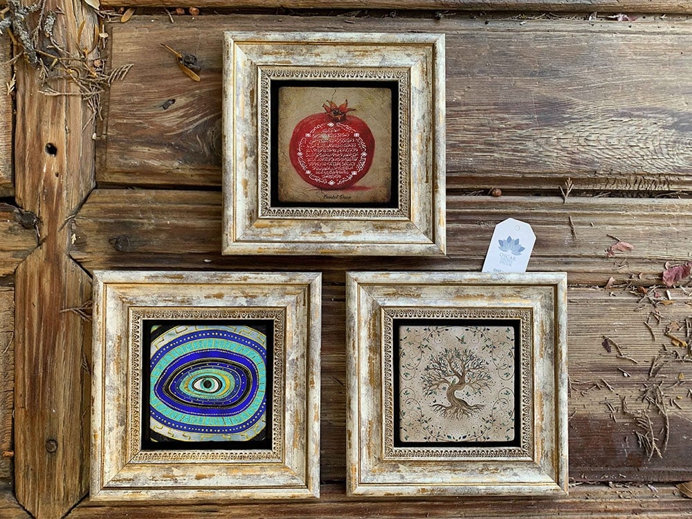 Oscar Stone Decor Çerçeveli Taş Duvar Dekoru Tablo 3'lü Set 20x20cm Nar Dua Hayat Ağacı Nazar Göz