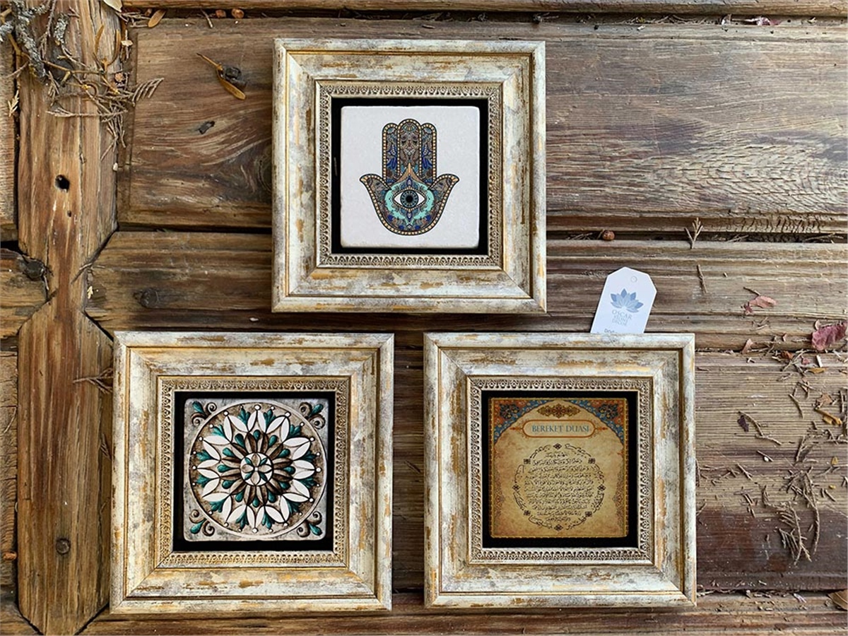 Oscar Stone Decor Çerçeveli Taş Duvar  Dekoru 20x20 cm 3lü set Fatma Ana Eli Bereket Duası ve Desen