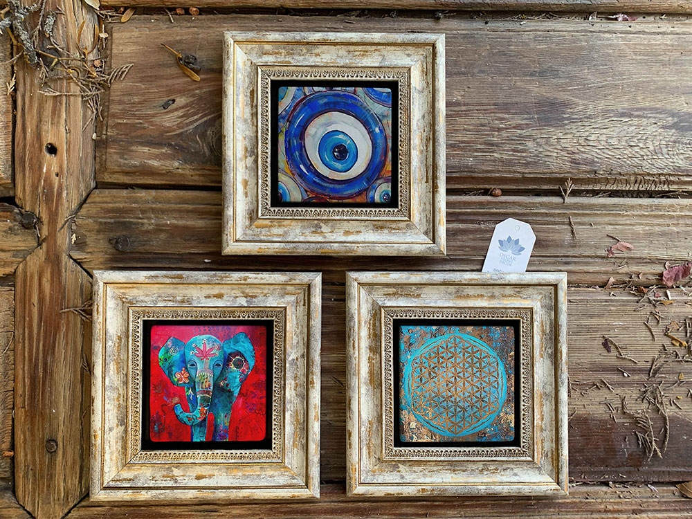 Oscar Stone Decor Çerçeveli Taş Duvar Dekoru Tablo 3'lü Set 20x20cm Nazar Fil Yaşam Çiçeği