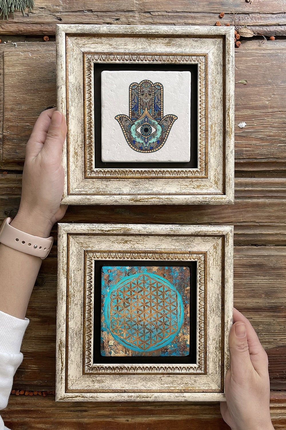 Oscar Stone Decor Çerçeveli Taş Duvar Dekoru Tablo 20x20cm 2'li Set (114-1090) Fatma Yaşam Çiçeği