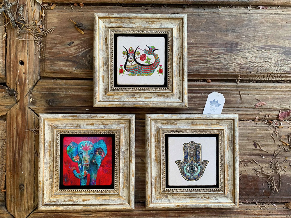 Oscar Stone Decor Çerçeveli Taş Duvar Dekoru Tablo 3'lü Set 20x20cm Şahmeran Fil ve Fatma Ana Eli