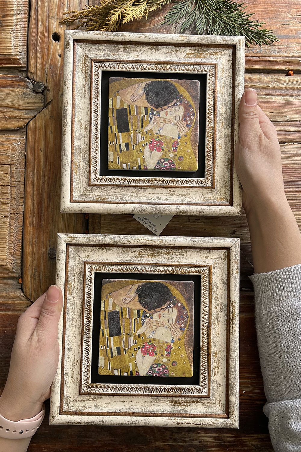Oscar Stone Decor Çerçeveli Taş Duvar Dekoru Tablo 20x20cm 2'li Set Gustav Klimt Son Öpücük