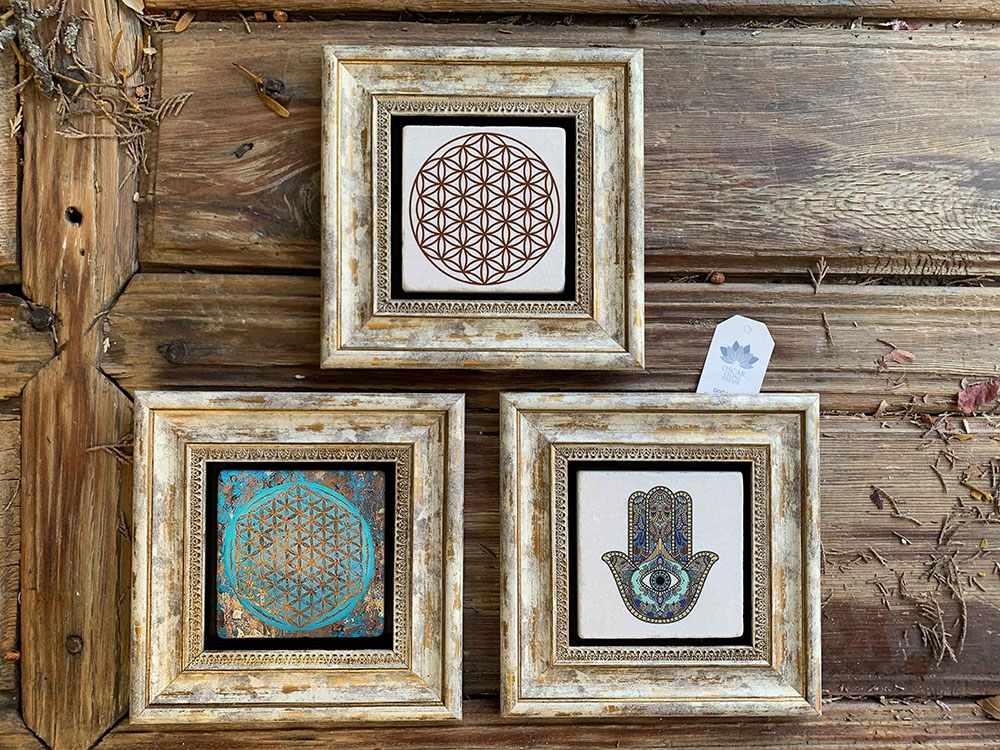 Oscar Stone Decor Çerçeveli Taş Duvar Dekoru Tablo 3'lü Set 20x20cm Fatma Ana Yaşam Çiçeği