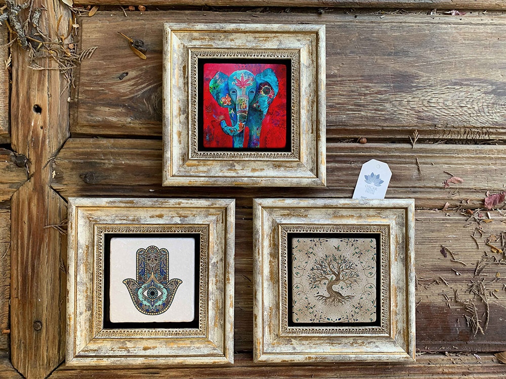 Oscar Stone Decor Çerçeveli Taş Duvar Dekoru Tablo 3'lü Set 20x20cm Fil Fatma Ana Eli Hayat Ağacı