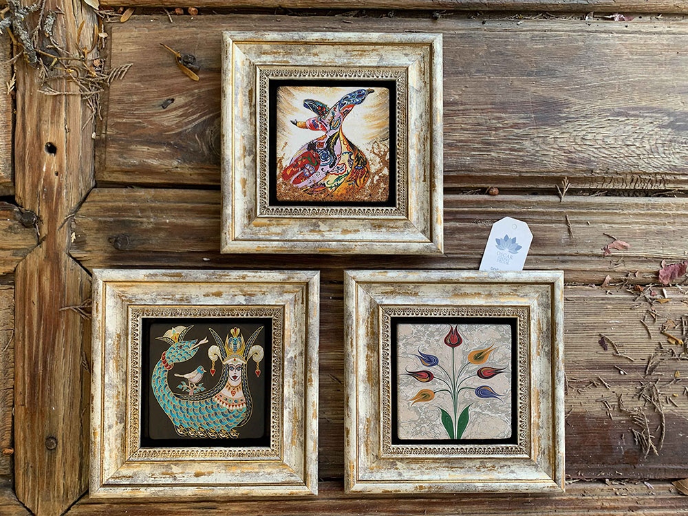 Oscar Stone Decor Çerçeveli Taş Duvar Dekoru Tablo 3'lü Set 20x20cm Şahmeran Semazen Ebruli