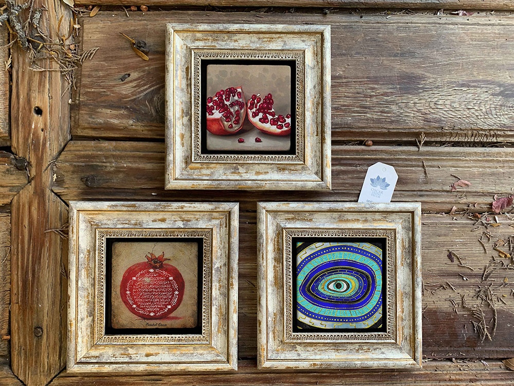Oscar Stone Decor Çerçeveli Taş Duvar Dekoru Tablo 3'lü Set 20x20cm Nar Dua Nar Nazar Göz