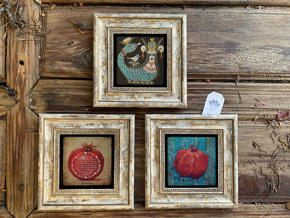 Oscar Stone Decor Çerçeveli Taş Duvar Dekoru Tablo 3'lü Set 20x20cm Nar Tablosu Nar Dua Şahmeran