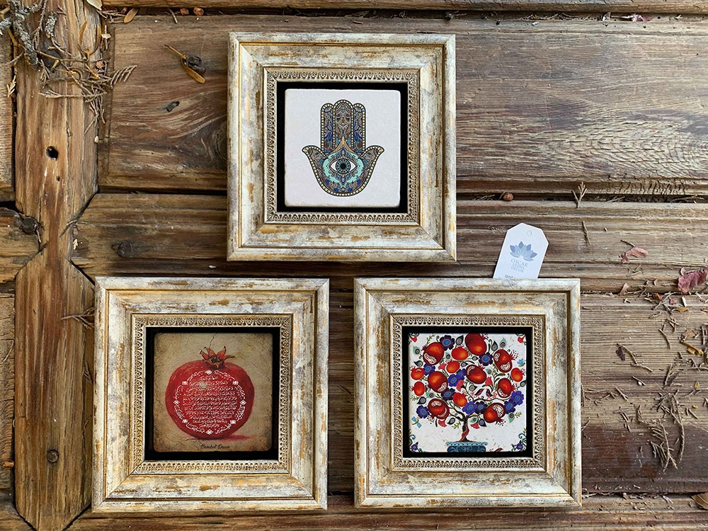 Oscar Stone Decor Çerçeveli Taş Duvar Dekoru Tablo 3'lü Set 20x20cm Fatma Ana Eli Nar Dua Nar Ağacı