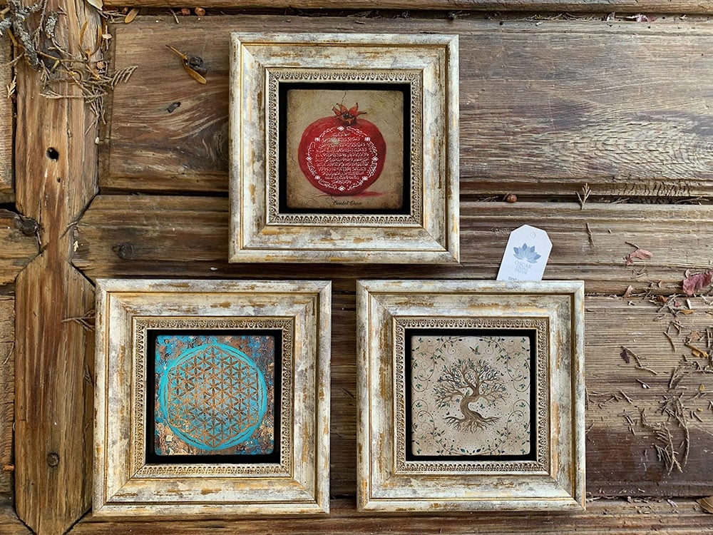 Oscar Stone Decor Çerçeveli Taş Duvar Dekoru Tablo 3'lü Set 20x20cm Nar Dua Hayat Ağaç Yaşam Çiçeği