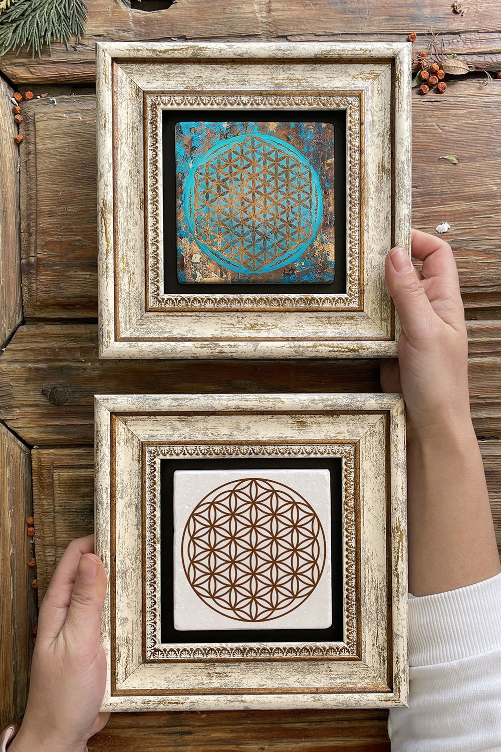 Oscar Stone Decor Çerçeveli Taş Duvar Dekoru Tablo 20x20cm 2'li Set (1090-7774) Yaşam Yaşam Çiçeği