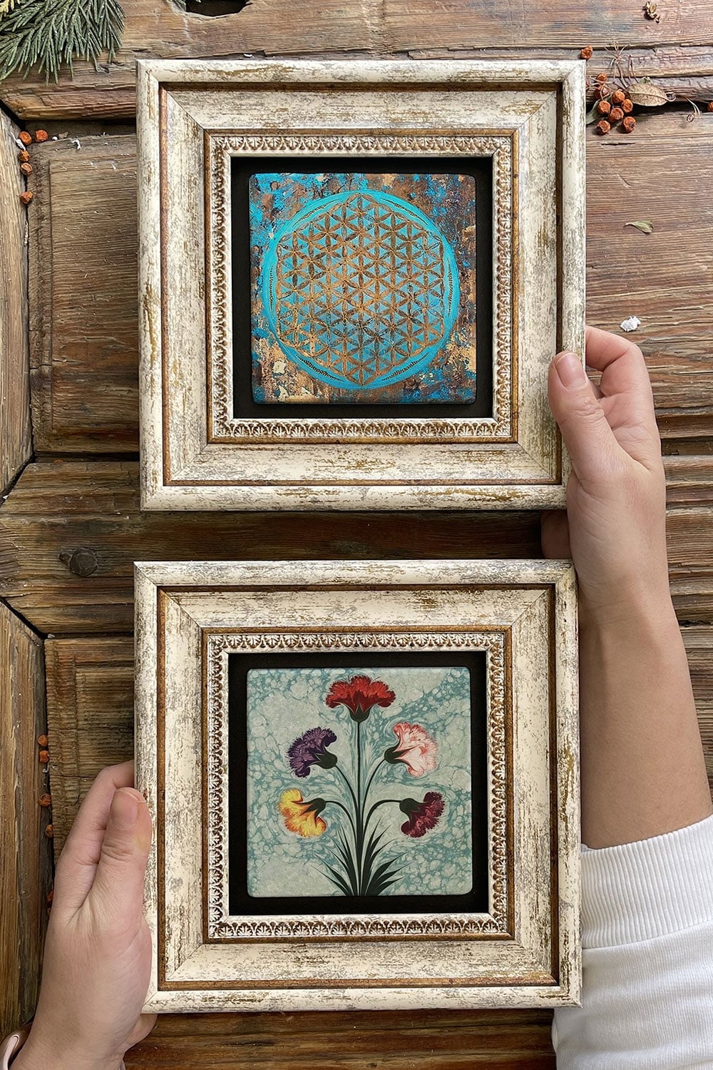 Oscar Stone Decor Çerçeveli Taş Duvar Dekoru Tablo 20x20cm 2'li Set (1090-1224) Yaşam Çiçeği Ebruli