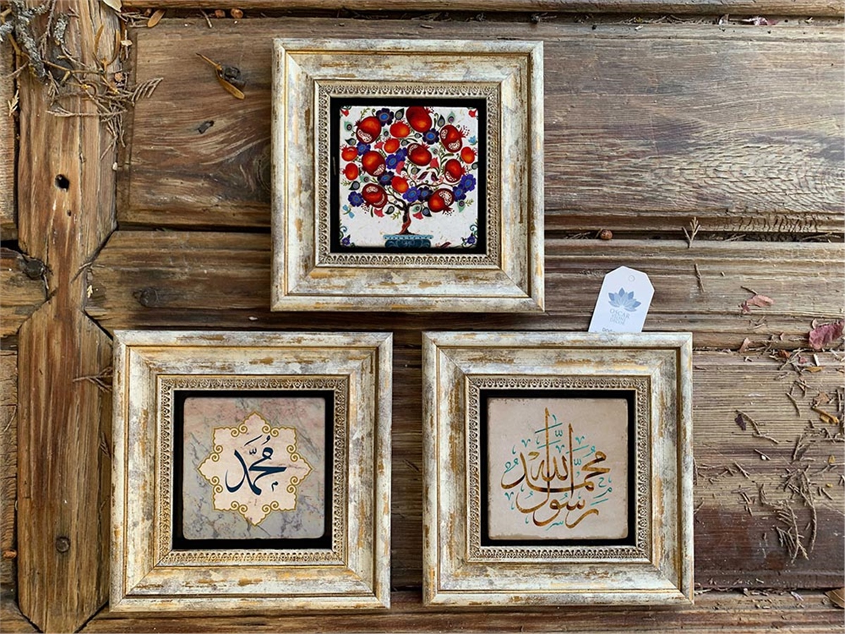 Oscar Stone Decor Çerçeveli Taş Duvar  Dekoru 20 x 20 cm 3 lü set Nar Ağacı,Muhammed Kelime-i Tevhid