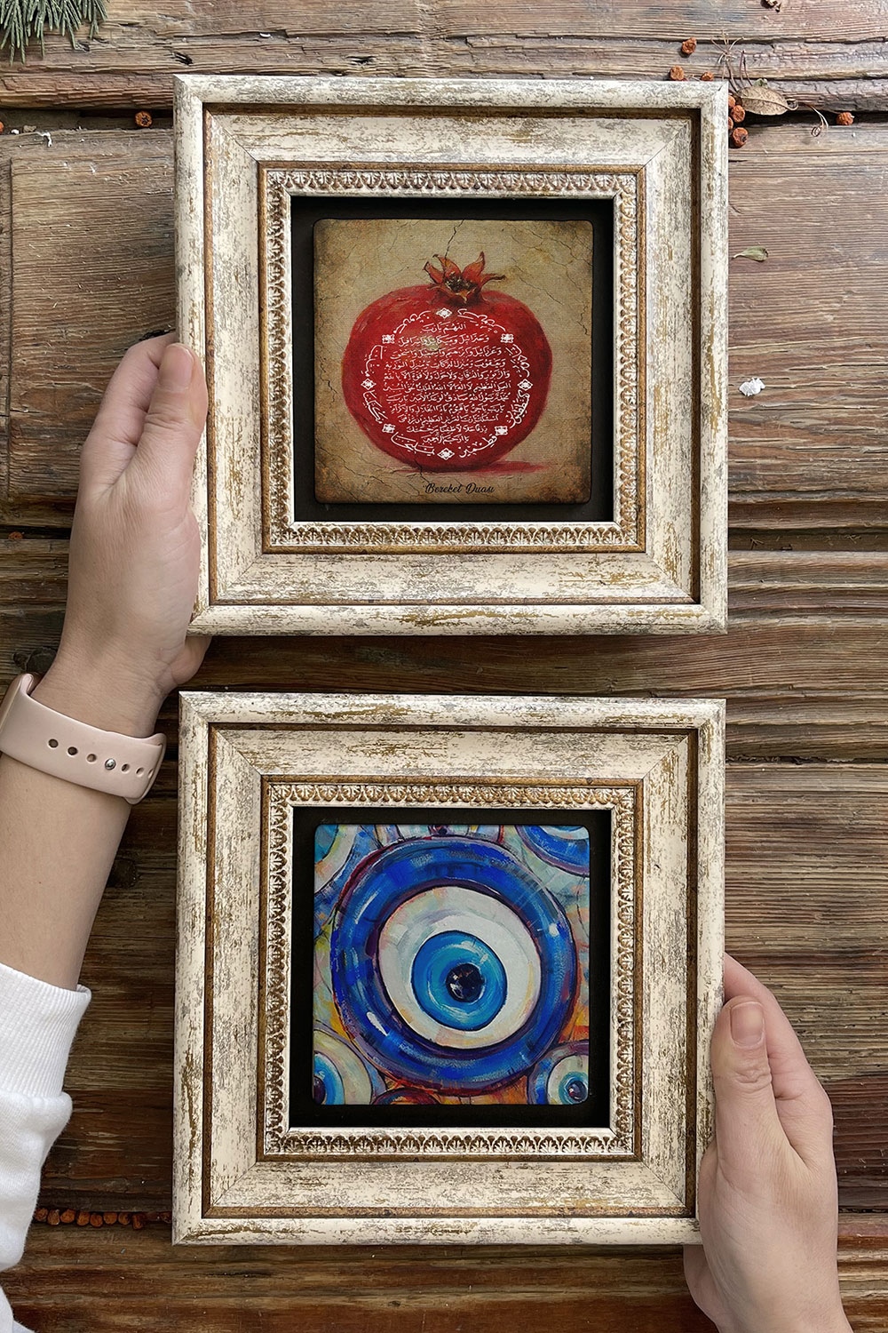 Oscar Stone Decor Çerçeveli Taş Duvar Dekoru Tablo 20x20cm 2'li Set (1104-1481) Bereket Nar Nazar