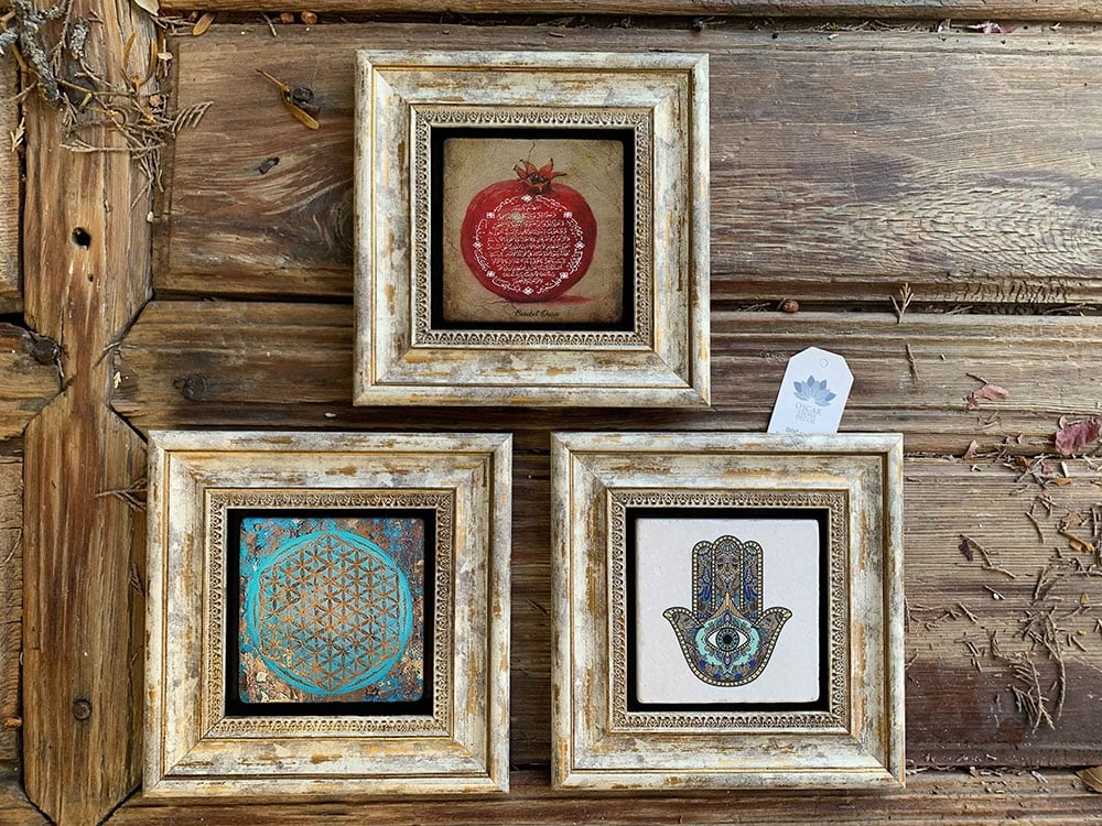 Oscar Stone Decor Çerçeveli Taş Duvar Dekoru Tablo 3'lü Set 20x20cm Nar Dua Yaşam Çiçeği Fatma Ana
