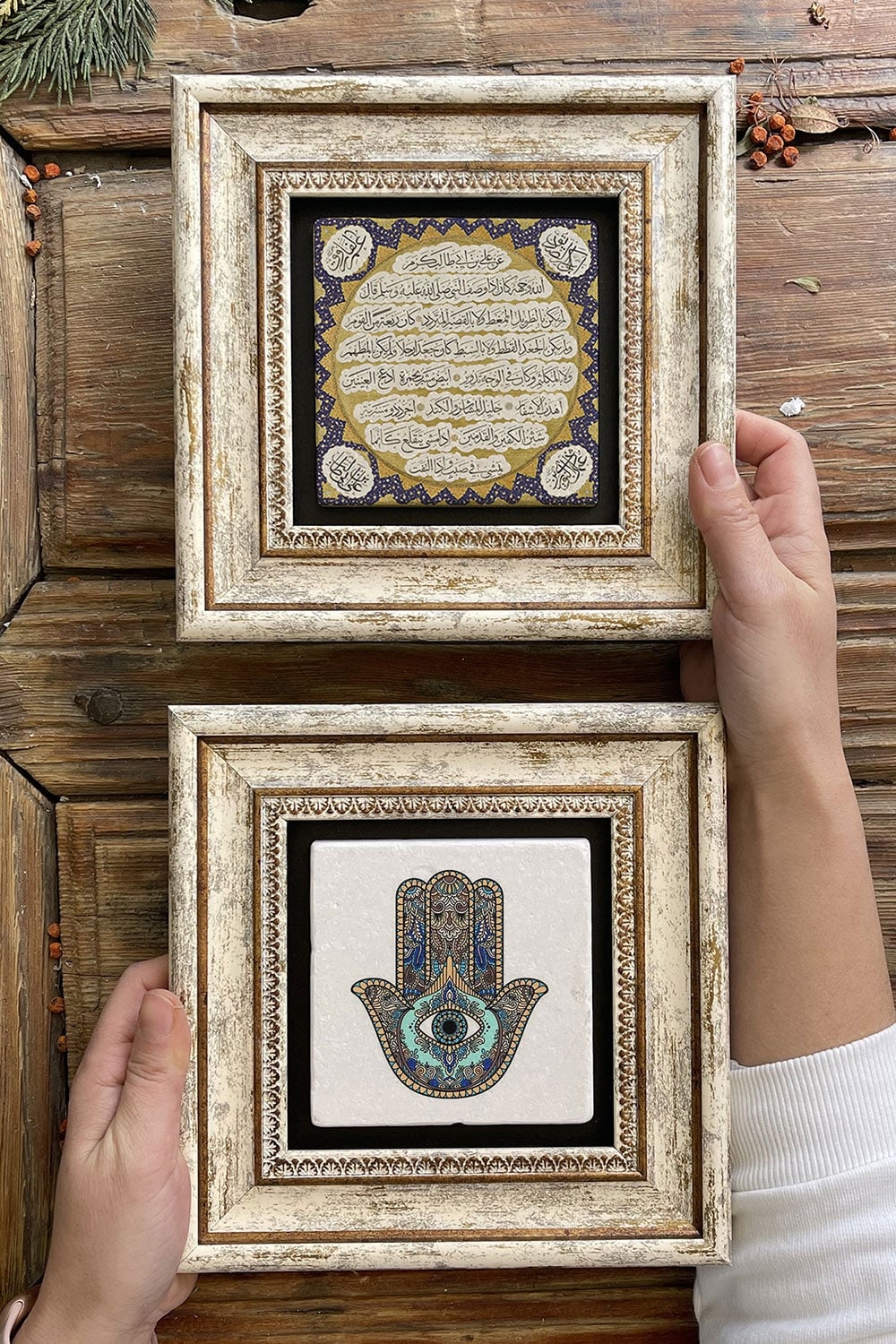 Oscar Stone Decor Çerçeveli Taş Duvar Dekoru Tablo 20x20cm 2'li Set (114-1662) Fatma Hilye-i Şerif
