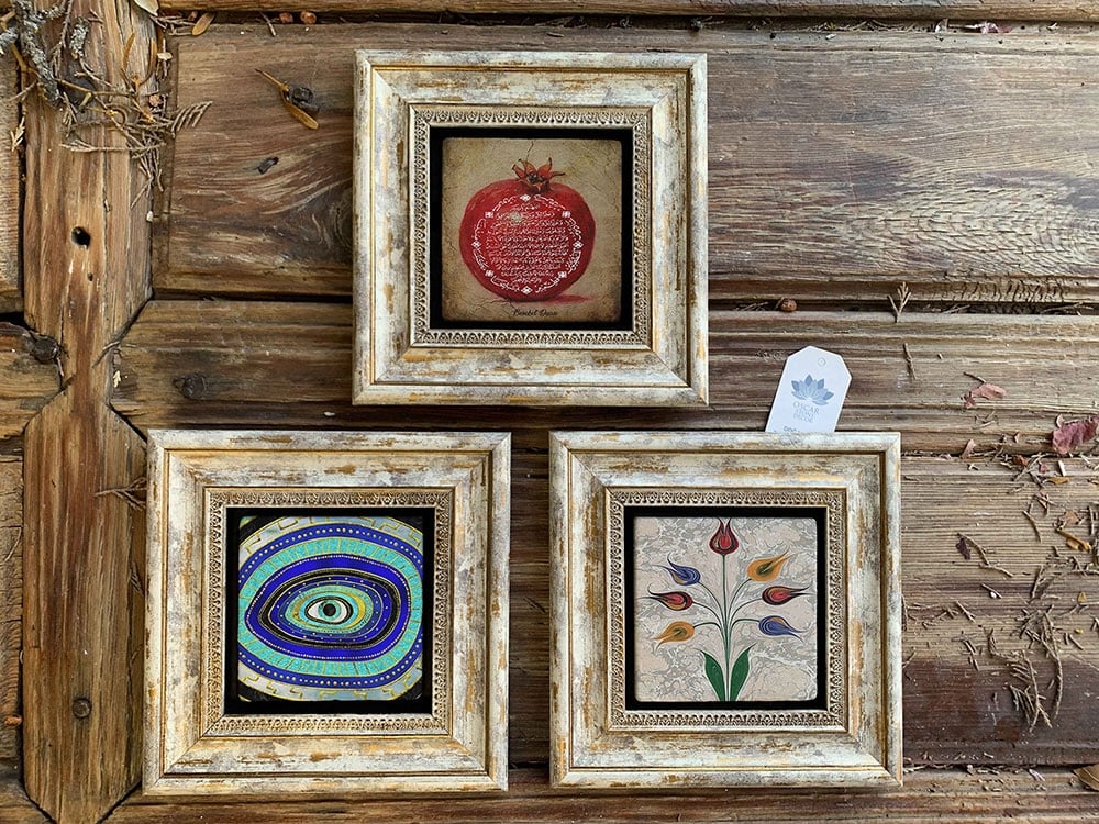 Oscar Stone Decor Çerçeveli Taş Duvar Dekoru Tablo 3'lü Set 20x20cm Nar Dua Ebruili Nazar Göz