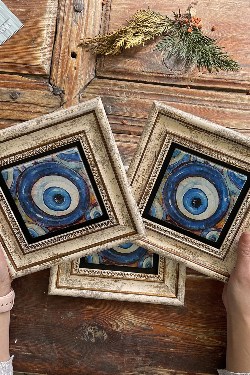 Oscar Stone Decor Çerçeveli Taş Duvar Dekoru Tablo 20x20cm 3'lü Set Nazar Boncuğu
