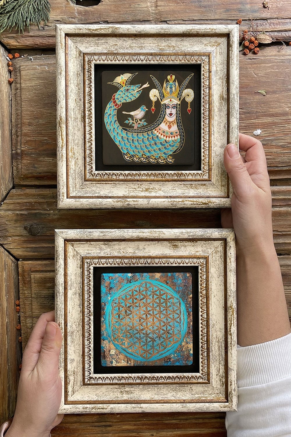 Oscar Stone Decor Çerçeveli Taş Duvar Dekoru Tablo 20x20cm 2'li Set (1213-1090) Şahmeran Yaşam