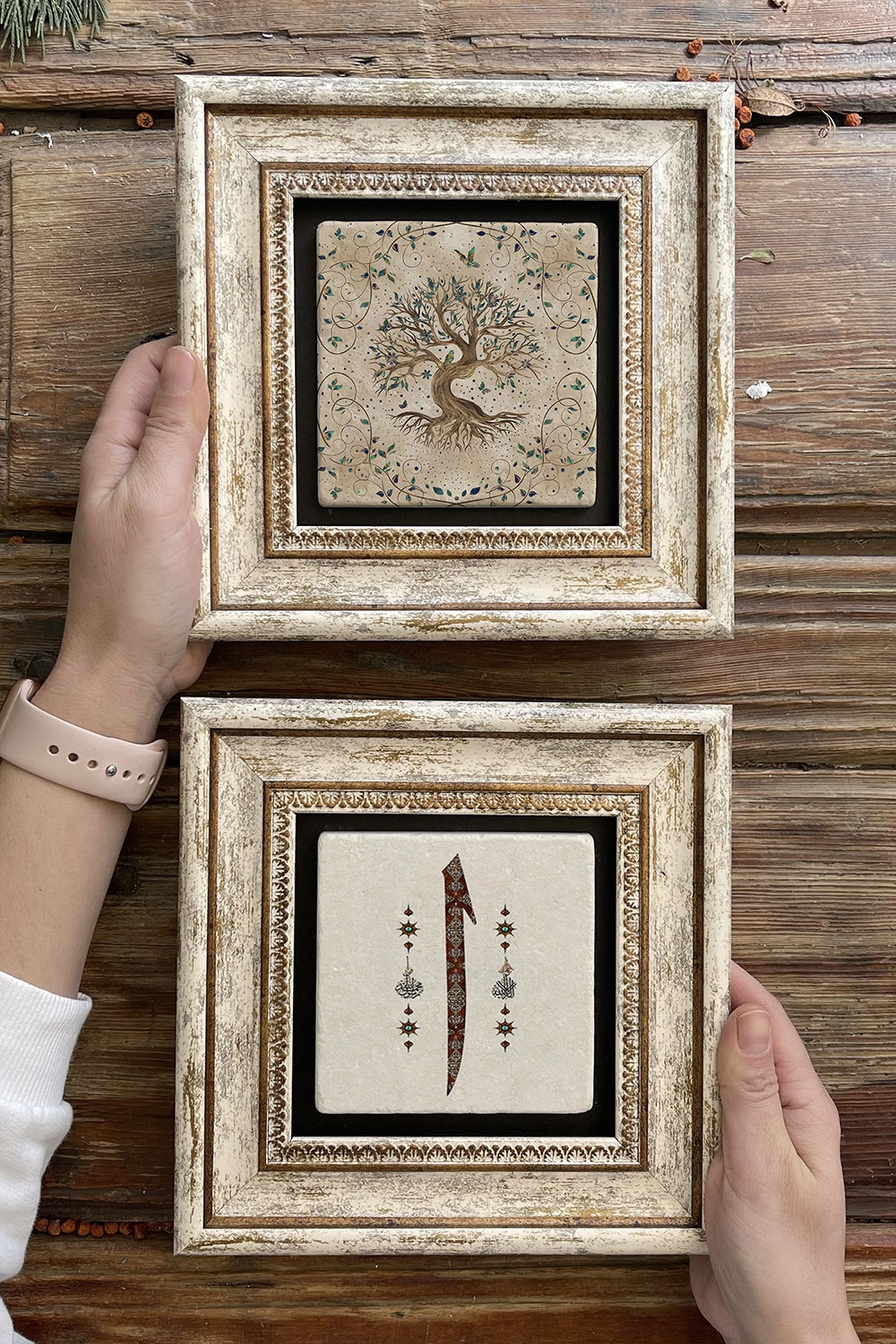 Oscar Stone Decor Çerçeveli Taş Duvar Dekoru Tablo 20x20cm 2'li Set (540-321) Hayat Ağacı Elif