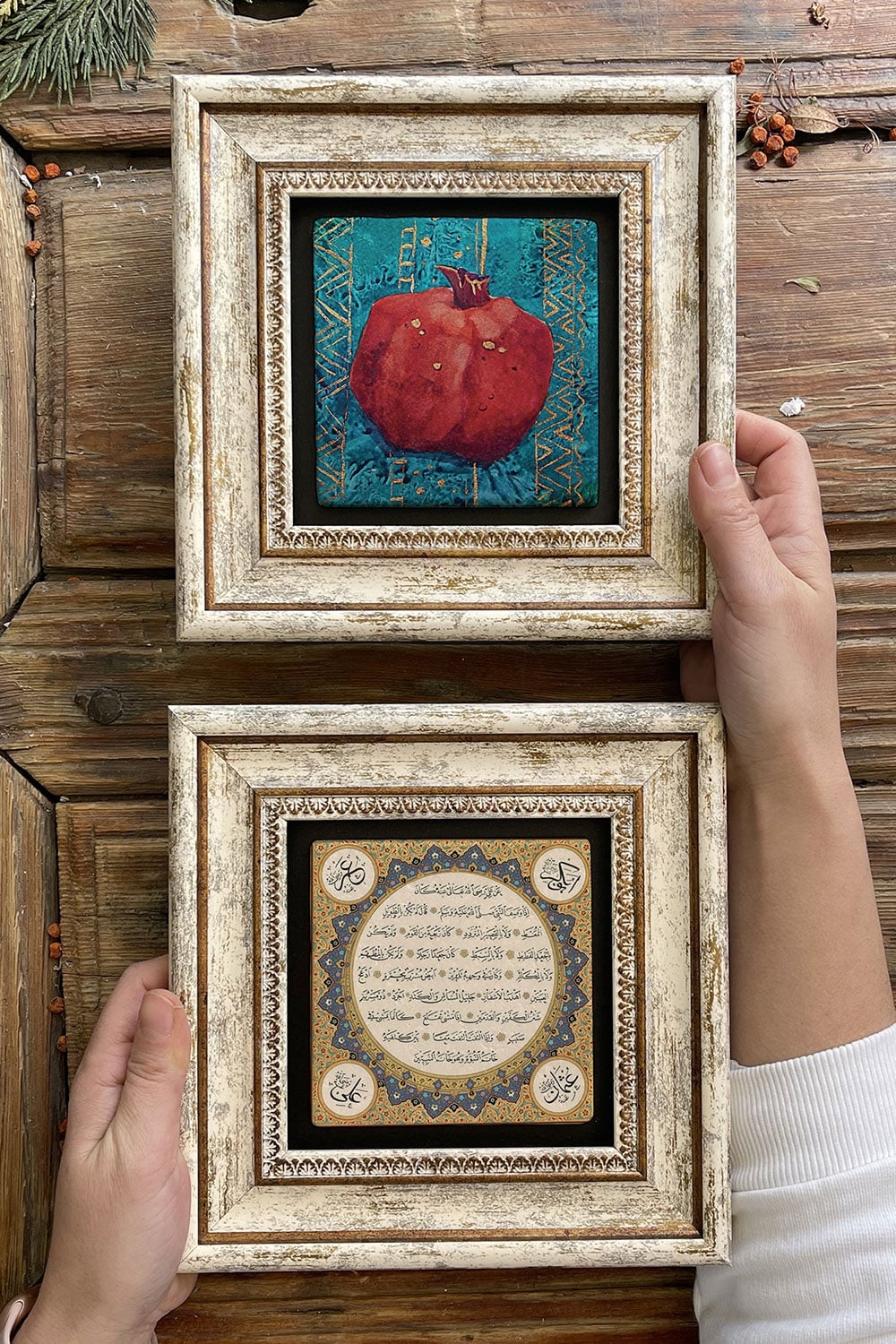 Oscar Stone Decor Çerçeveli Taş Duvar Dekoru Tablo 20x20cm 2'li Set (480-1668) Nar Hilye-i Şerif