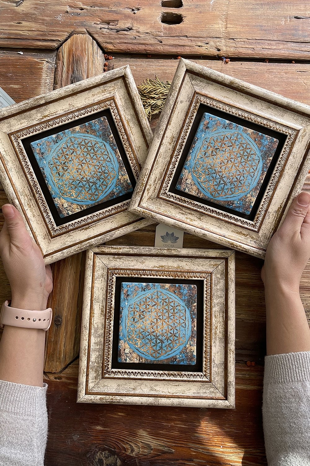 Oscar Stone Decor Çerçeveli Taş Duvar Dekoru Tablo 20x20cm 3'lü Set Yaşam Çiçeği