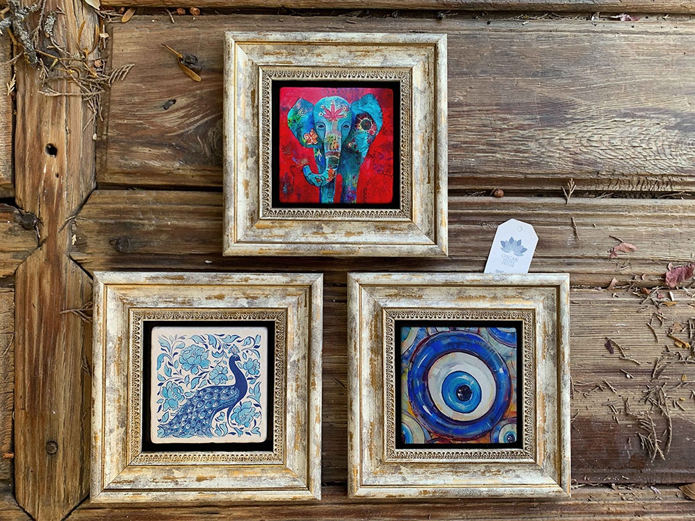 Oscar Stone Decor Çerçeveli Taş Duvar Dekoru Tablo 3'lü Set 20x20cm Fil Tavus Kuşu Nazar Boncuğu