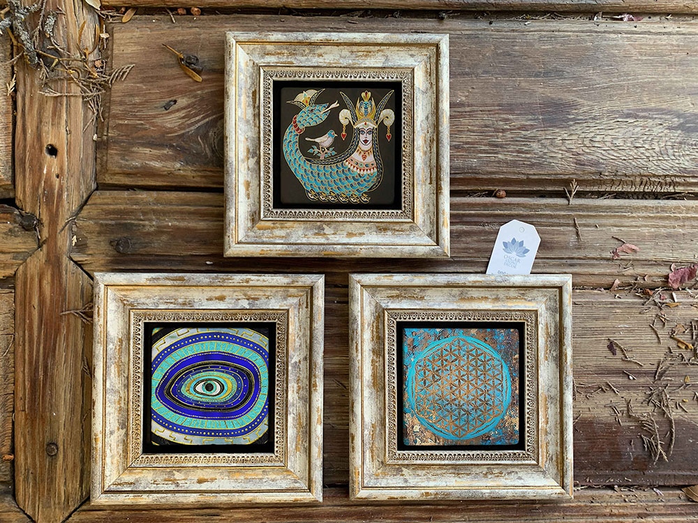 Oscar Stone Decor Çerçeveli Taş Duvar Dekoru Tablo 3'lü Set 20x20cm Şahmeran Nazar Göz Yaşam Çiçeği