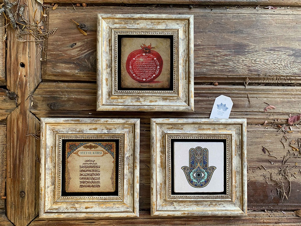 Oscar Stone Decor Çerçeveli Taş Duvar Dekoru Tablo 3'lü Set 20x20cm Fatma Ana Nar Dua Ayetel Kürsi