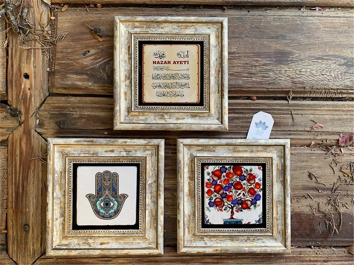 Oscar Stone Decor Çerçeveli Taş Duvar  Dekoru 20 x 20cm Nar Ağacı Fatma Ana Eli Nazar duası 3'lü set