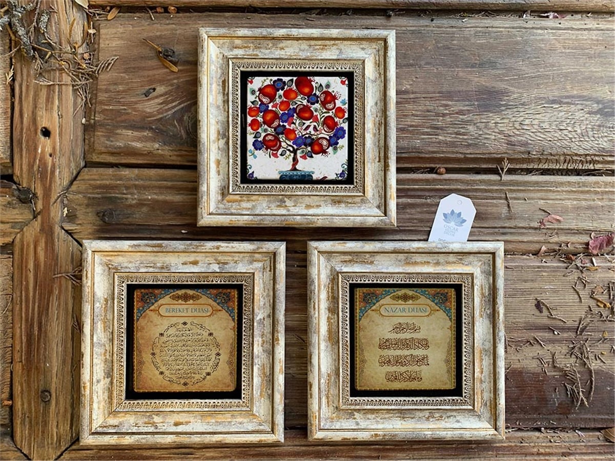 Oscar Stone Decor Çerçeveli Taş Duvar  Dekoru 20 x 20 cm Nar Ağacı Bereket Nazar Duası