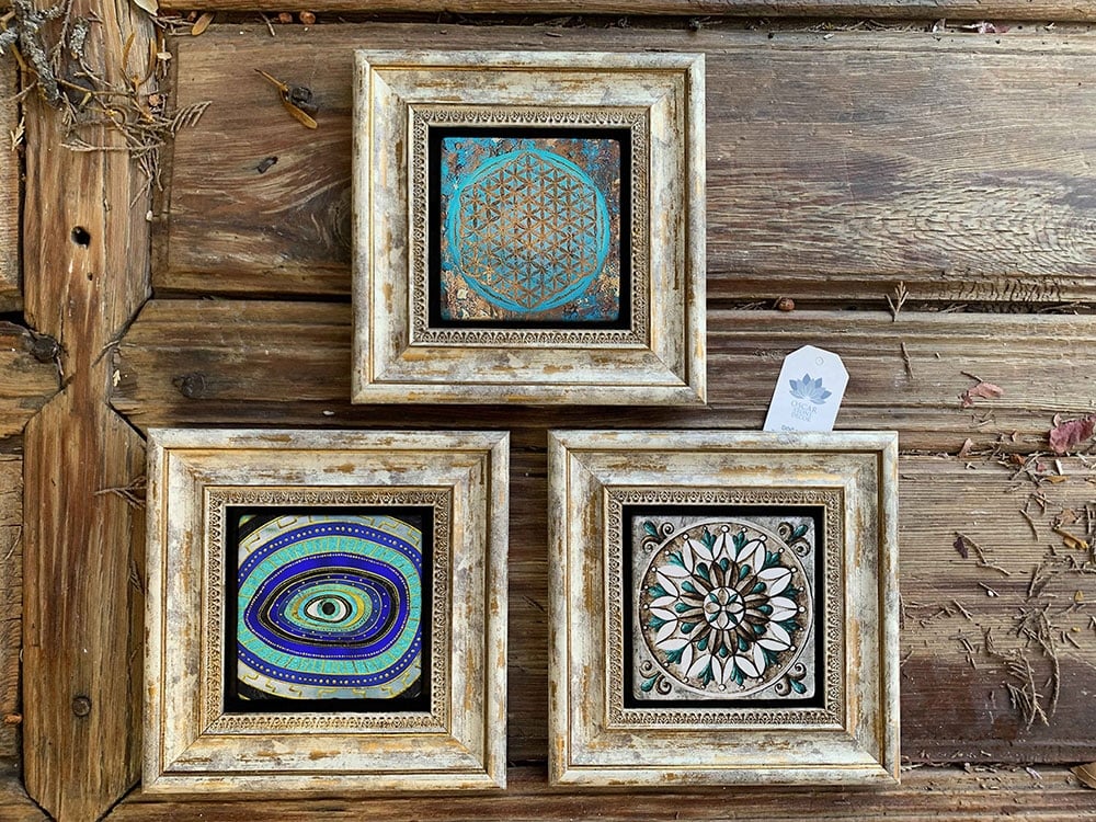 Oscar Stone Decor Çerçeveli Taş Duvar Dekoru Tablo 3'lü Set 20x20cm Yaşam Çiçeği Desen Nazar Göz