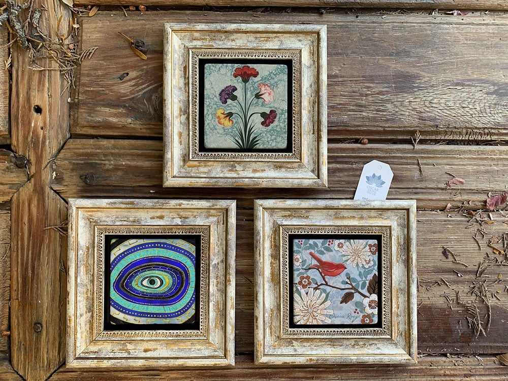 Oscar Stone Decor Çerçeveli Taş Duvar Dekoru Tablo 3'lü Set 20x20cm Nazar Göz Kuş ve Ebruli