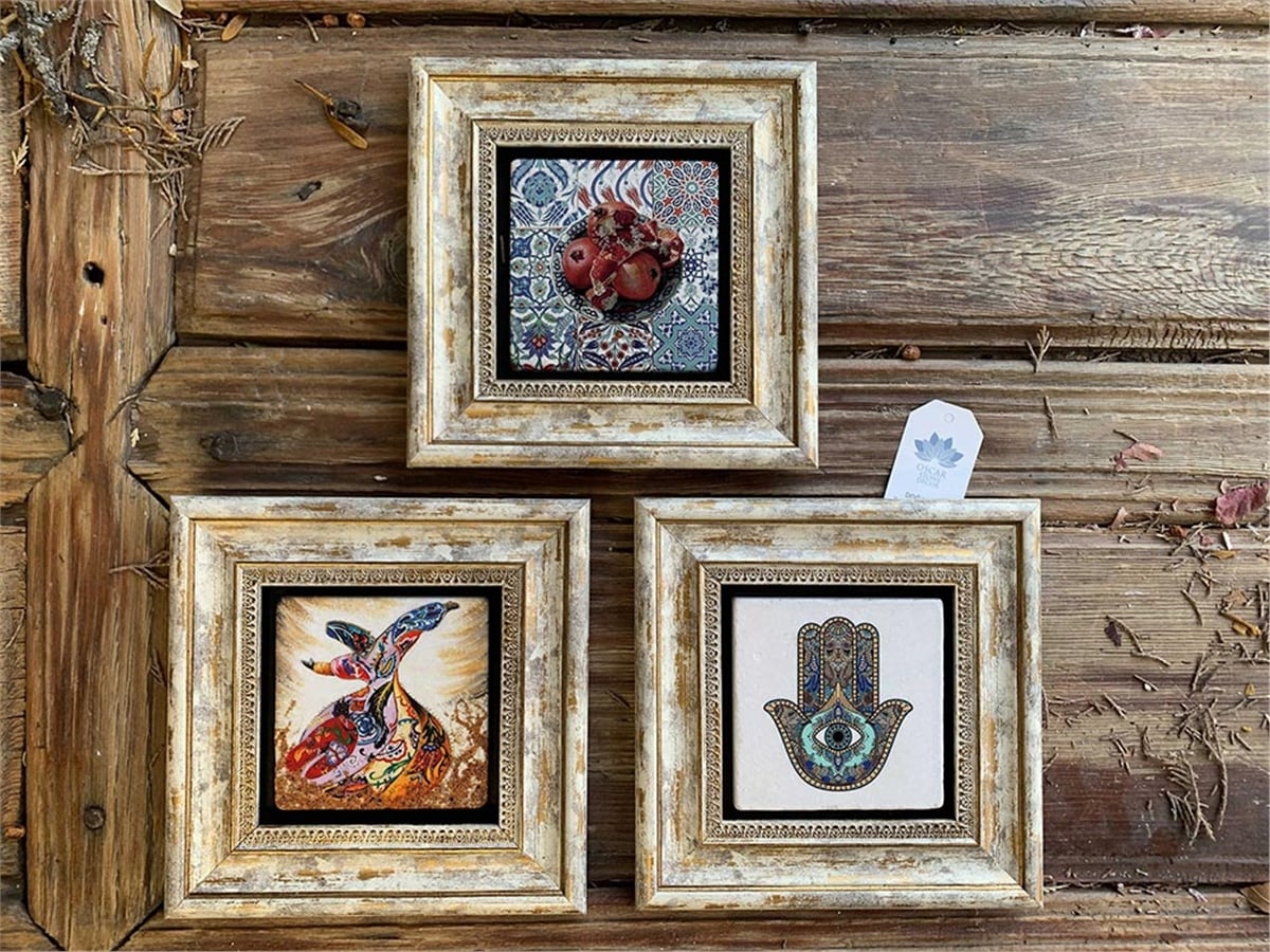 Oscar Stone Decor Çerçeveli Taş Duvar  Dekoru 20 x 20 cm 3 lü set Fatma Ana Eli,Nar ve Semazen
