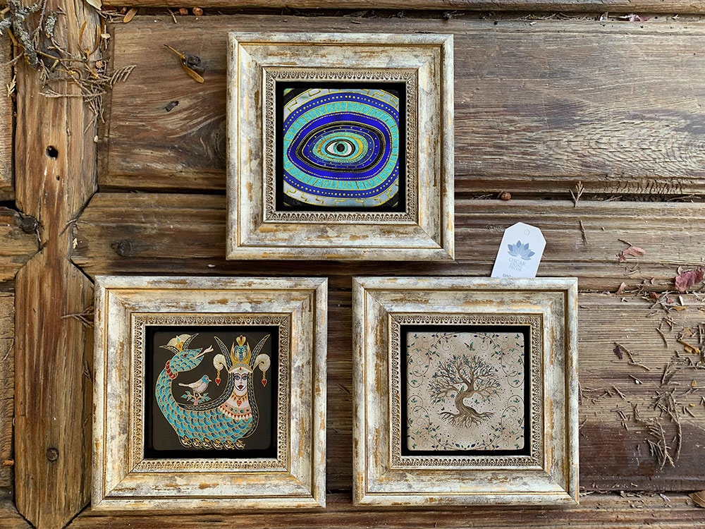 Oscar Stone Decor Çerçeveli Taş Duvar Dekoru Tablo 3'lü Set 20x20cm Şahmeran Nazar Göz Hayat Ağacı