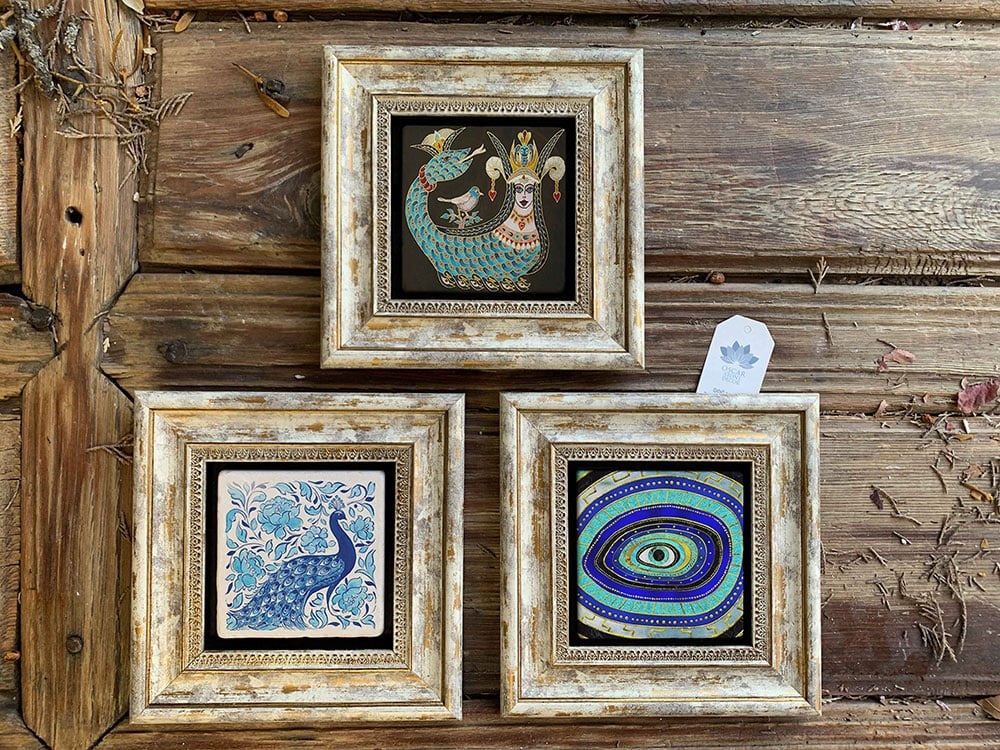 Oscar Stone Decor Çerçeveli Taş Duvar Dekoru Tablo 3'lü Set 20x20cm Tavus Kuşu Şahmeran Nazar Göz