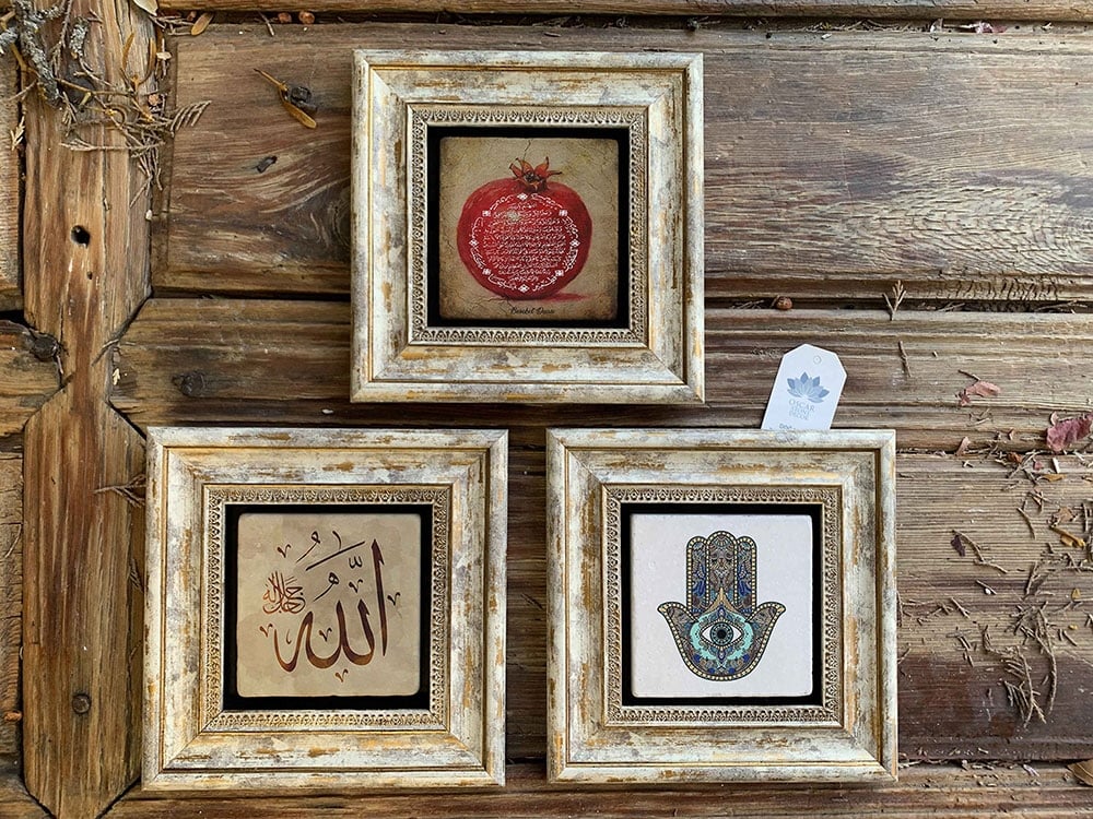 Oscar Stone Decor Çerçeveli Taş Duvar Dekoru Tablo 3'lü Set 20x20cm Nar Dua Allah Fatma Ana Eli