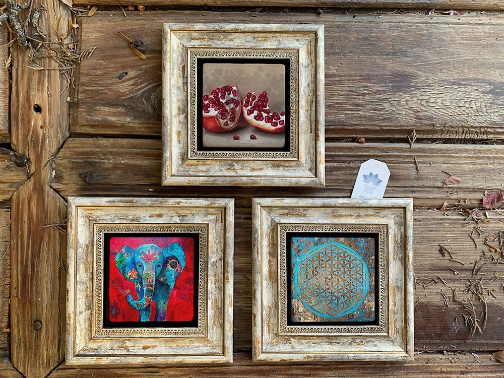 Oscar Stone Decor Çerçeveli Taş Duvar Dekoru Tablo 3'lü Set 20x20cm Nar Fil ve Yaşam Çiçeği