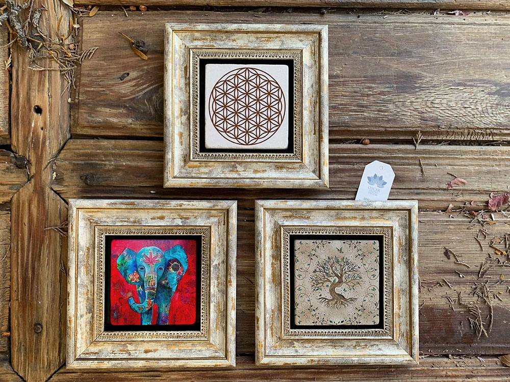 Oscar Stone Decor Çerçeveli Taş Duvar Dekoru Tablo 3'lü Set 20x20cm Yaşam Çiçeği Fil Hayat Ağacı
