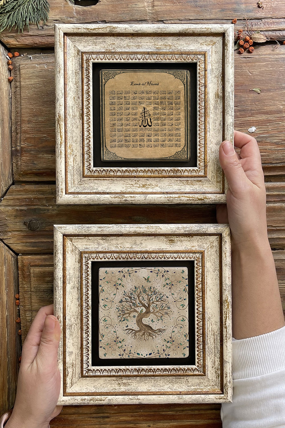 Oscar Stone Decor Çerçeveli Taş Duvar Dekoru Tablo 20x20cm 2'li Set (540-538) Hayat Ağacı Esmaül